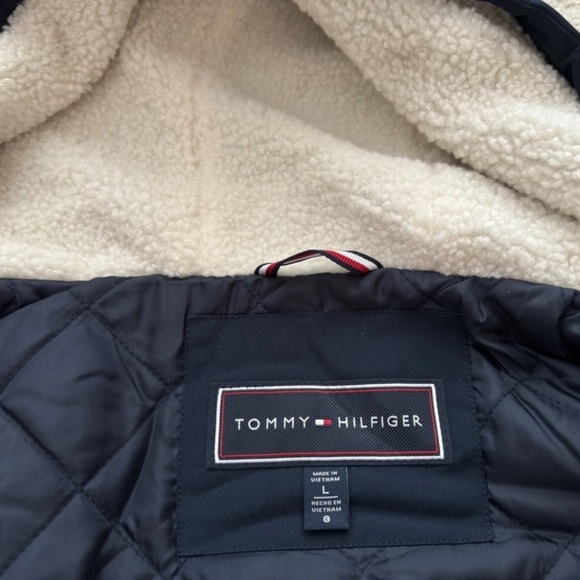 TH Tommy Hilfiger Women Hooded Parka Jacket Long Coat Dark Blue Navy Large - Picture 2 of 14